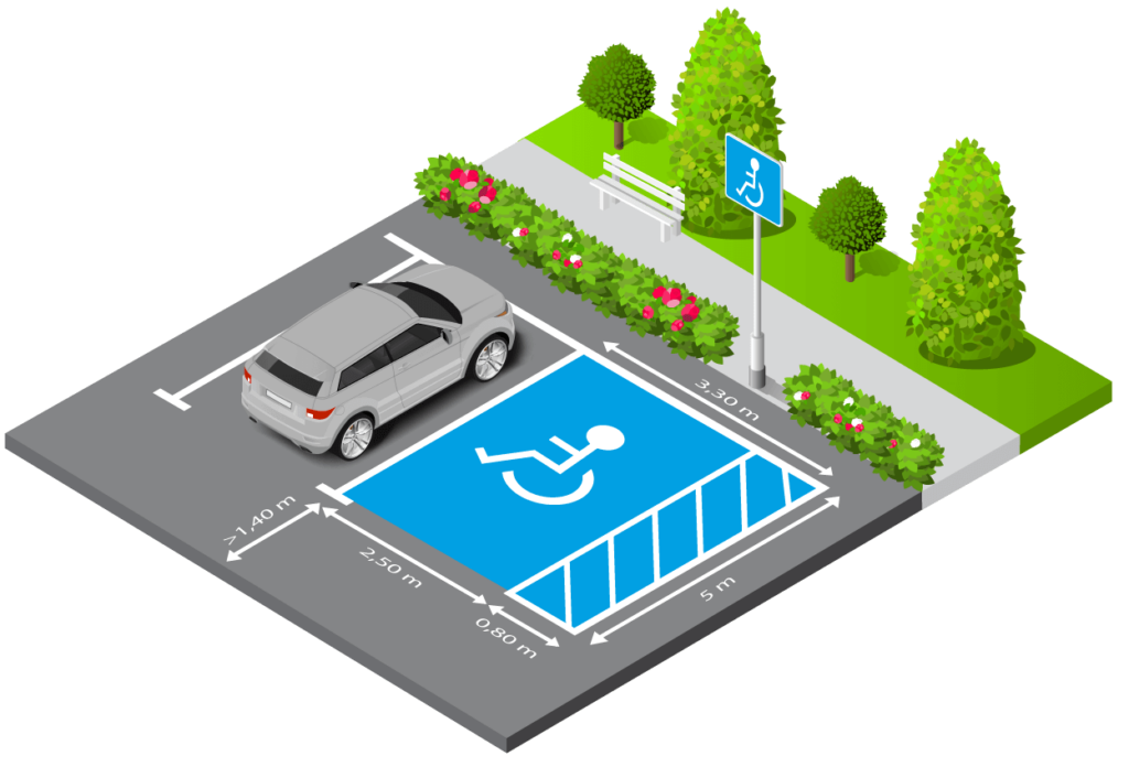 illustration avec les normes et dimensionnements des places pmr/parking pmr