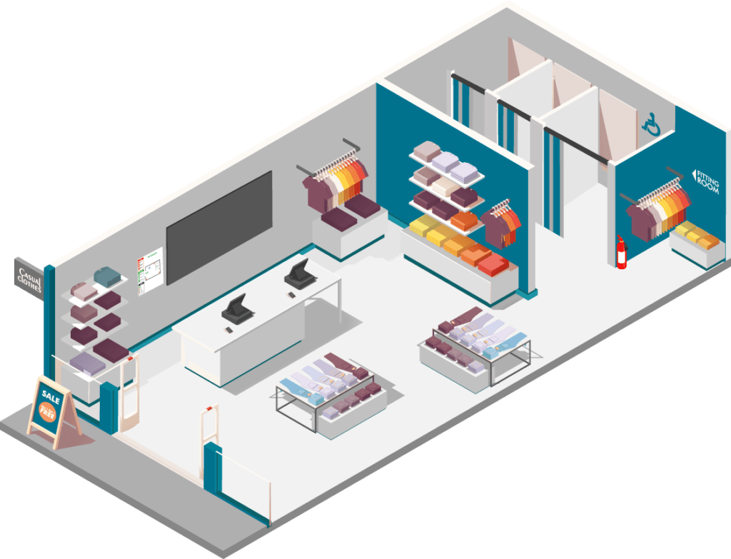 Illustration isométrique magasins avec normes accessibilité et sécurité incendie