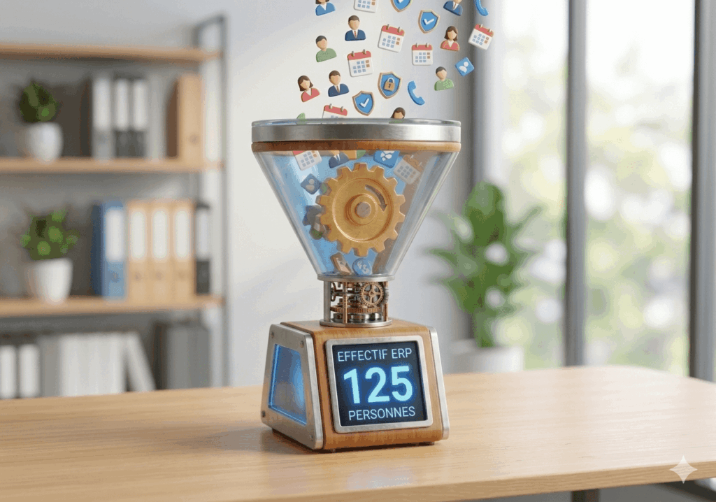 machine fictive avec ecran posé sur une table pour calculer l'effectif d'un ERP