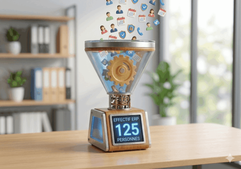 machine fictive avec ecran posé sur une table pour calculer l'effectif d'un ERP