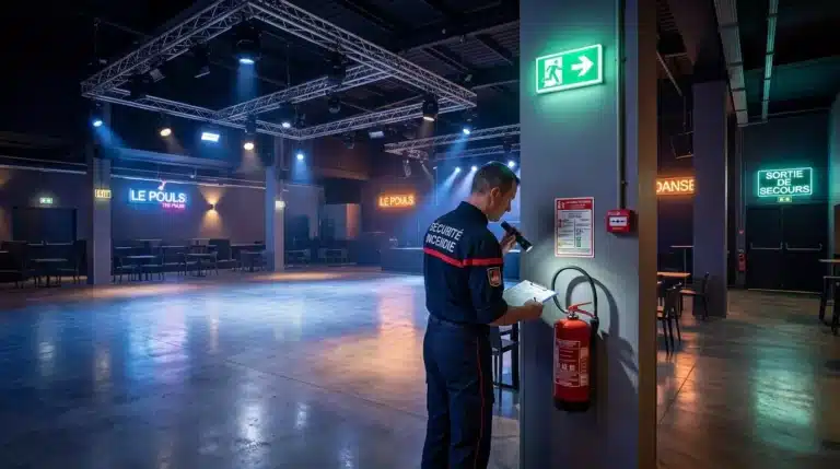 salle dansante (erp type P) avec un pompier qui controle un extincteur