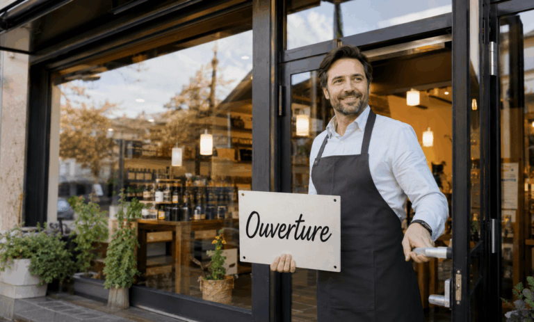 devanture magasin erp avec un homme tenant une pancarte
