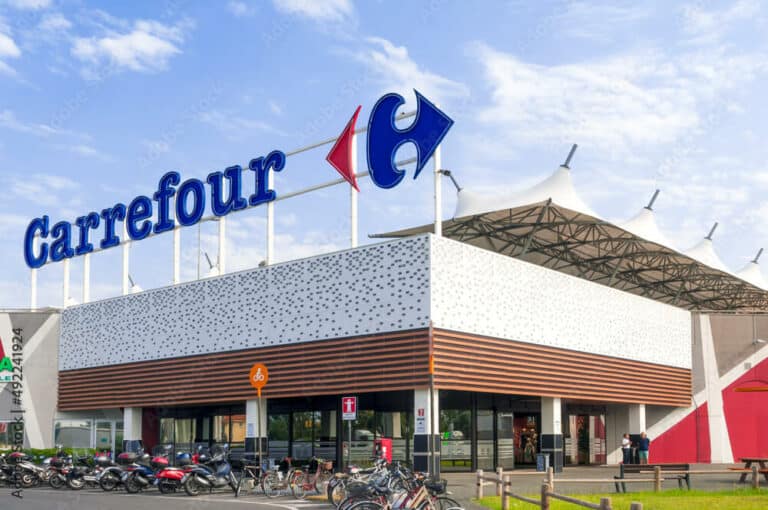 Façade d'un supermarché Carrefour de taille moyenne, avec son enseigne et sa structure de toiture en auvent, entrée vitrée et parking à vélos et deux-roues, illustration d'un établissement recevant du public de catégorie 3.