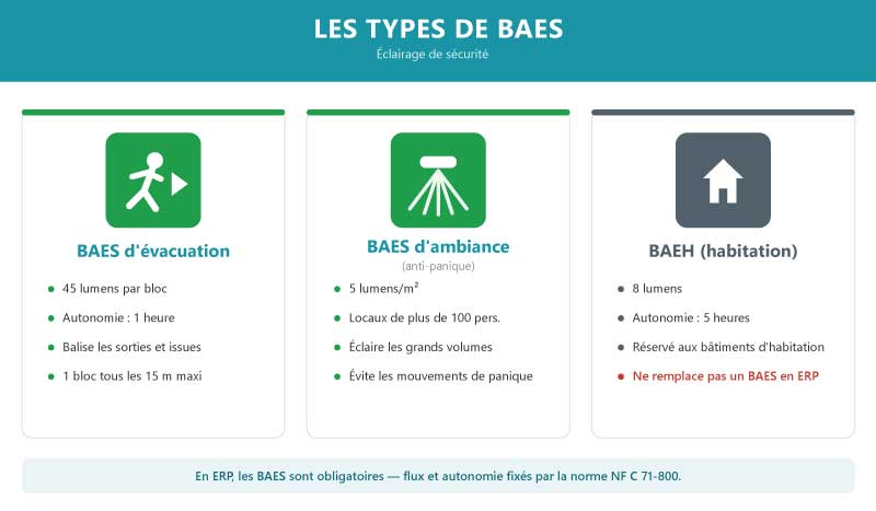 Infographie comparant les types de BAES en ERP : bloc d'évacuation (45 lm, 1 h), bloc d'ambiance anti-panique (5 lm/m²) et BAEH habitation (8 lm, 5 h)